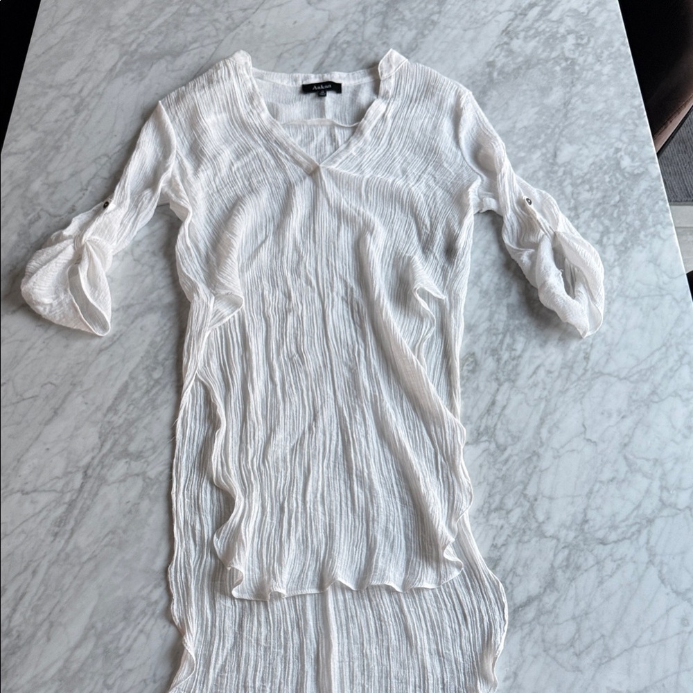 Aakaa White Crinkle V-Neck Coverup with Roll-Tab Sleeves